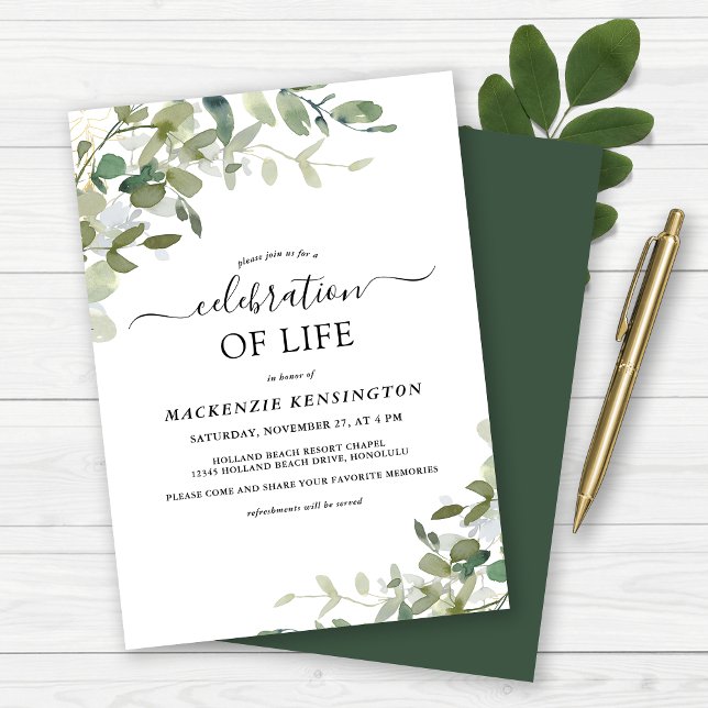 Eucalyptus Greenery Celebration of Life Memorial Invitation (Eucalyptus Greenery Celebration of Life Memorial Invitation)