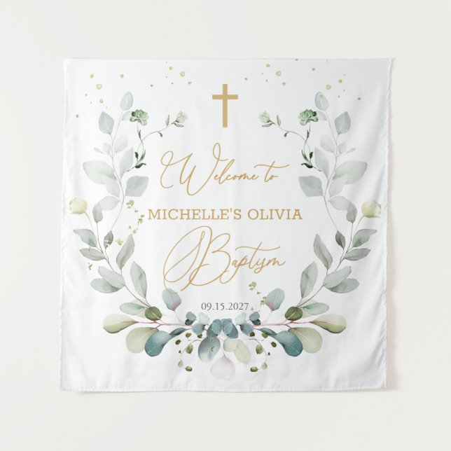 Eucalyptus Greenery Cross Baby Baptism Tapestry (Front)