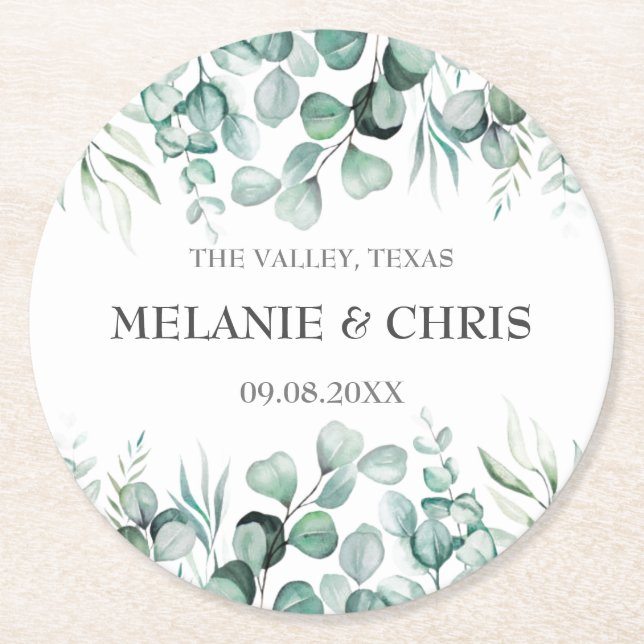 Eucalyptus Greenery Custom Boho Rustic Wedding Round Paper Coaster (Front)