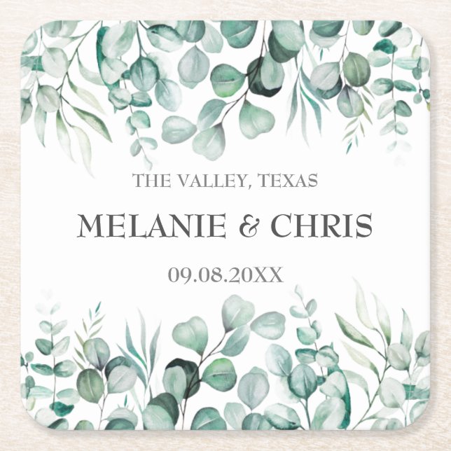 Eucalyptus Greenery Custom Boho Rustic Wedding Square Paper Coaster (Front)