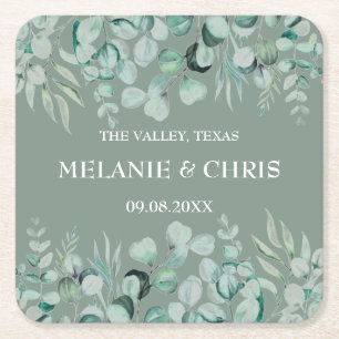 Eucalyptus Greenery Custom Boho Rustic Wedding Square Paper Coaster