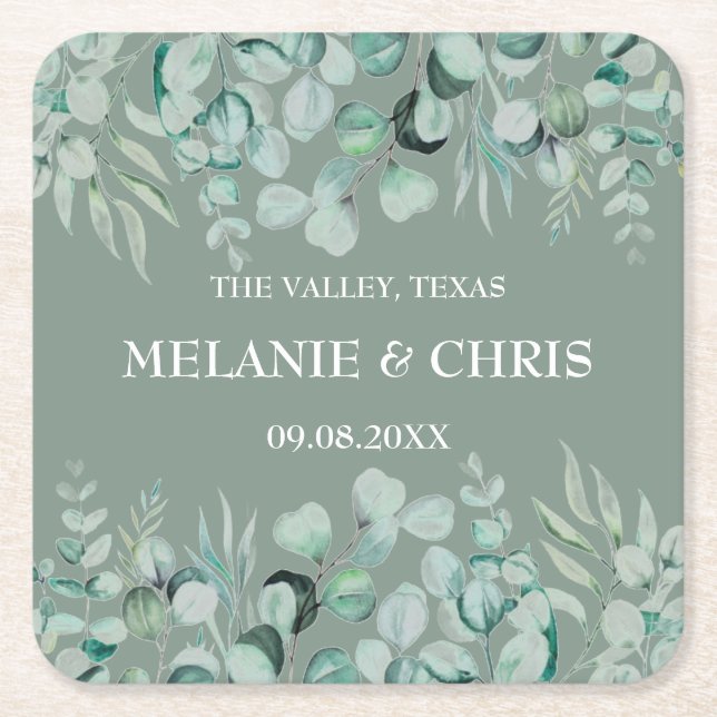 Eucalyptus Greenery Custom Boho Rustic Wedding Square Paper Coaster (Front)