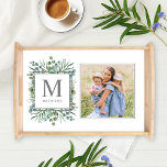 Eucalyptus Greenery Custom Family Monogram Photo Serving Tray<br><div class="desc">Elegant nature-inspired custom serving tray features a family monogram initial / letter with last name that can be personalised, framed by an organic watercolor greenery design with eucalyptus foliage, leaves, and silver dollar eucalyptus branches in soft verdant shades of mint, green, olive, and muted blue green. Add a favourite family...</div>