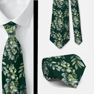 Eucalyptus Greenery Dark Green Floral Neck Tie