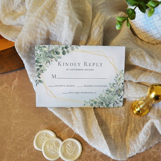 Eucalyptus Greenery Dusty Blue Geometric Wedding RSVP Card (Creator Uploaded)