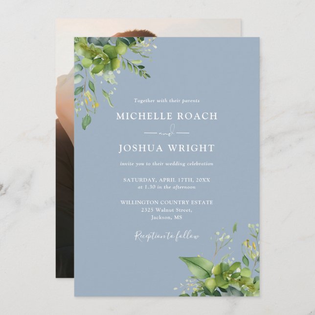 Eucalyptus Greenery Dusty Blue Photo Wedding Invitation (Front/Back)