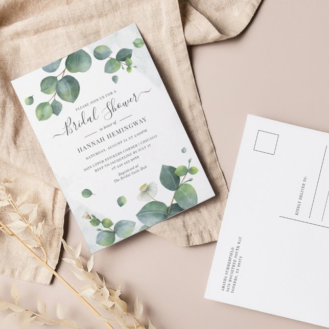 Eucalyptus Greenery Elegant Blush Bridal Shower Invitation Postcard (Eucalyptus Botanical Bridal Shower Invitation Postcard)