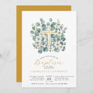Eucalyptus Greenery Elegant Cross Baptism Invitation