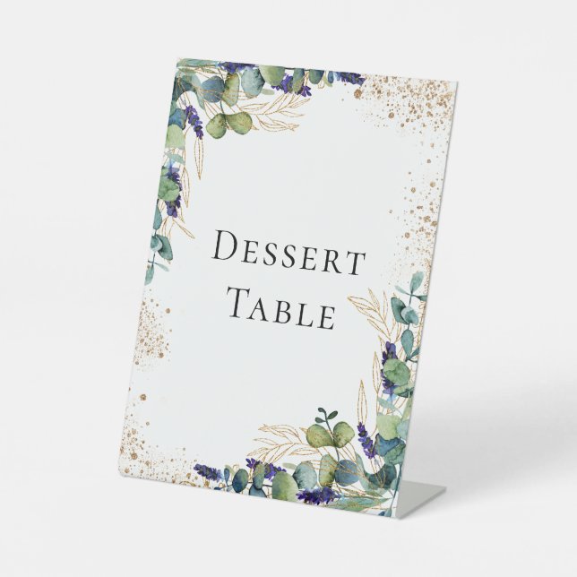 Eucalyptus greenery elegant dessert table pedestal sign (Front)