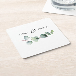 Eucalyptus Greenery Elegant Minimalist Wedding Square Paper Coaster