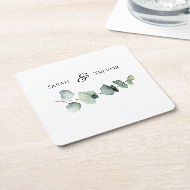 Eucalyptus Greenery Elegant Minimalist Wedding  Square Paper Coaster (Angled)