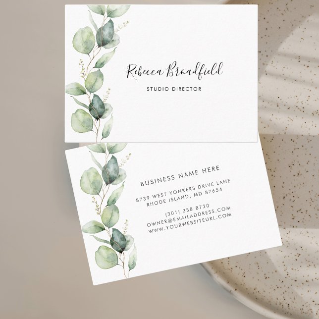 Eucalyptus Greenery Elegant Script Beauty and Hair Business Card (Minimalist Eucalyptus Greenery Mighty Business Card)