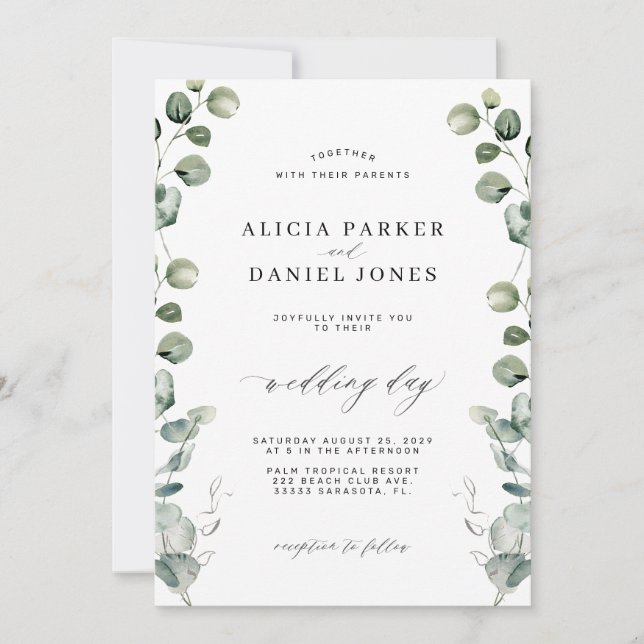Eucalyptus greenery elegant script wedding invitation (Front)