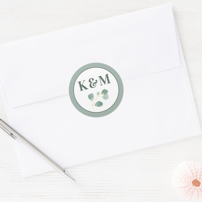 Eucalyptus Greenery Elegant Wedding Monogram Classic Round Sticker (Creator Uploaded)