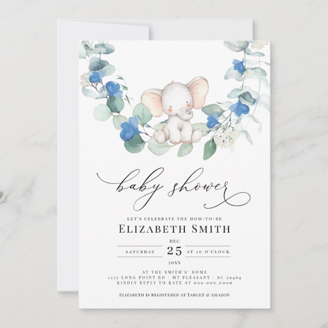 Eucalyptus Greenery Elephant Blue Baby Boy Shower Invitation (Front)