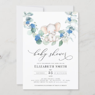 Eucalyptus Greenery Elephant Blue Baby Boy Shower Invitation