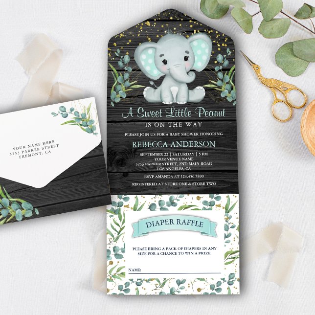 Eucalyptus Greenery Elephant Grey Wood Baby Shower All In One Invitation (Creator Uploaded)