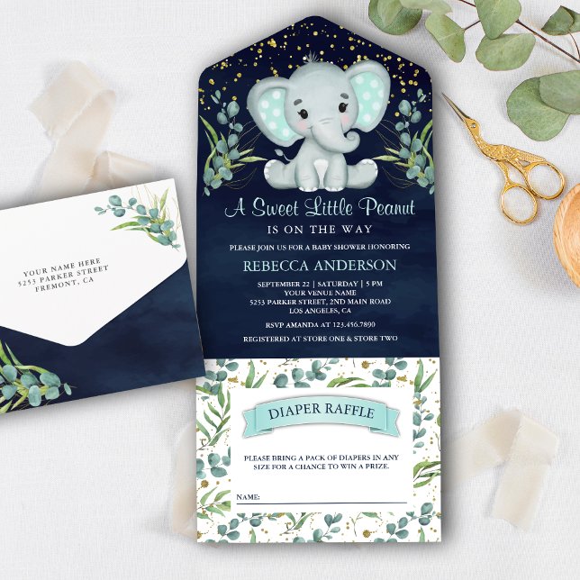 Eucalyptus Greenery Elephant Navy Blue Baby Shower All In One Invitation (Creator Uploaded)
