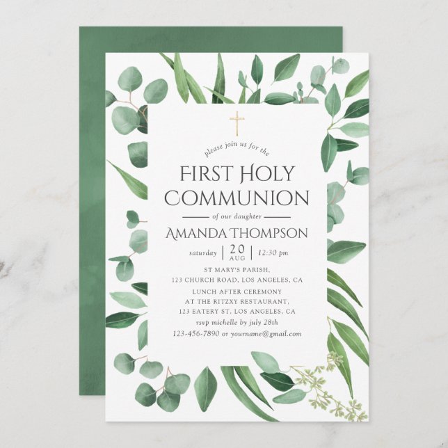 Eucalyptus Greenery First Holy Communion Invitation (Front/Back)