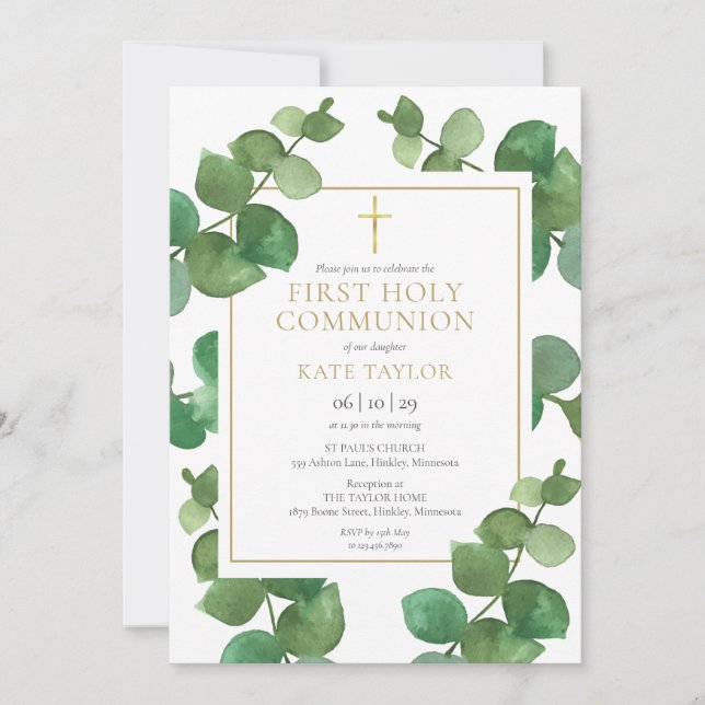 Eucalyptus Greenery First Holy Communion Invitation (Front)