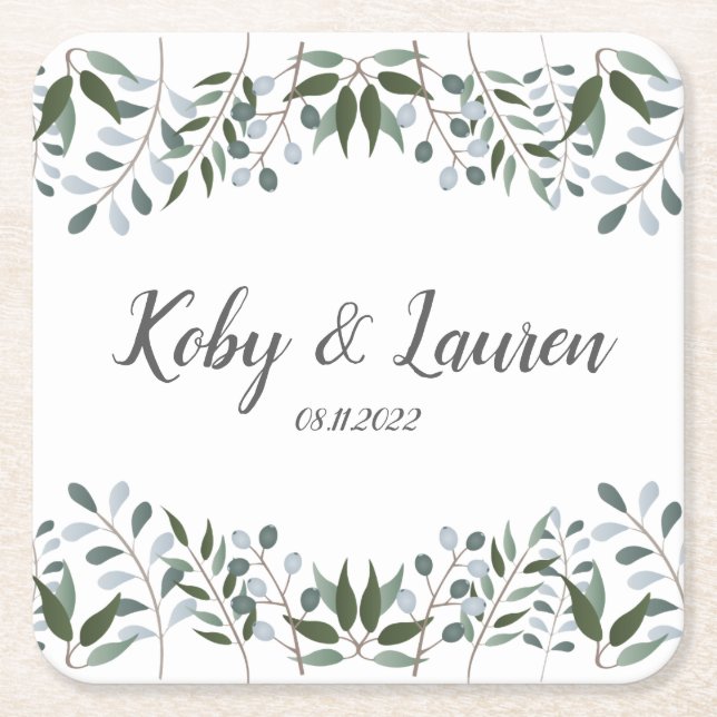Eucalyptus Greenery Floral Anniversary Date Square Paper Coaster (Front)