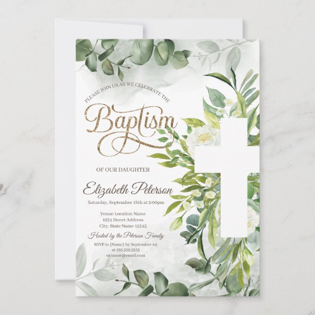 Eucalyptus Greenery Floral Cross Baptism Invitation (Front)