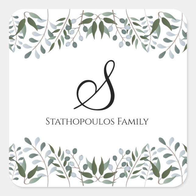 Eucalyptus Greenery Floral Family Name Square Sticker (Front)
