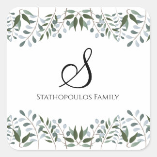 Eucalyptus Greenery Floral Family Name Square Sticker