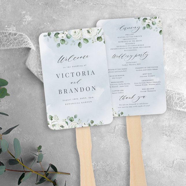 Eucalyptus Greenery floral rustic wedding programs Hand Fan (Eucalyptus Greenery floral dusty  blue rustic wedding programs Hand Fan)