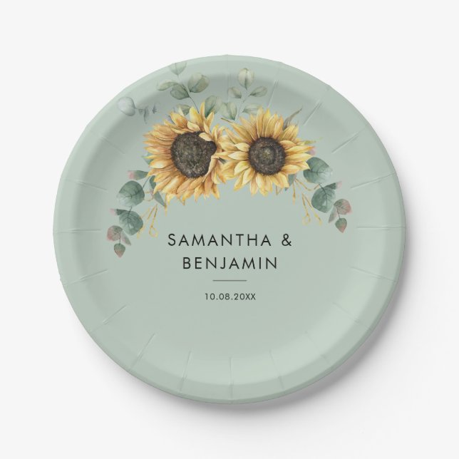 Eucalyptus Greenery Floral Sunflower Wedding Paper Plate (Front)