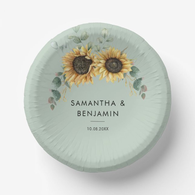 Eucalyptus Greenery Floral Sunflower Wedding Paper Plate (Front)