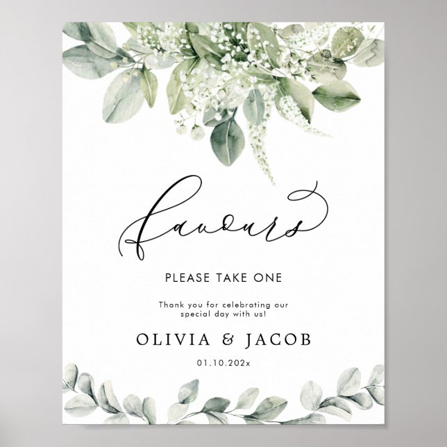 Eucalyptus Greenery Foliage Wedding Favours Sign (Front)