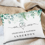 Eucalyptus greenery forest ferns mr mrs names decorative cushion<br><div class="desc">White background,  black text. Decorated with eucalyptus greenery,  forest ferns.  Mr and Mrs with a heart.  Personalise and add your names.</div>