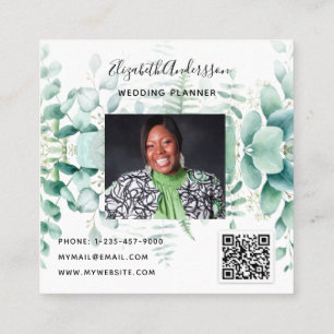 Eucalyptus greenery forest ferns photo QR code  Square Business Card