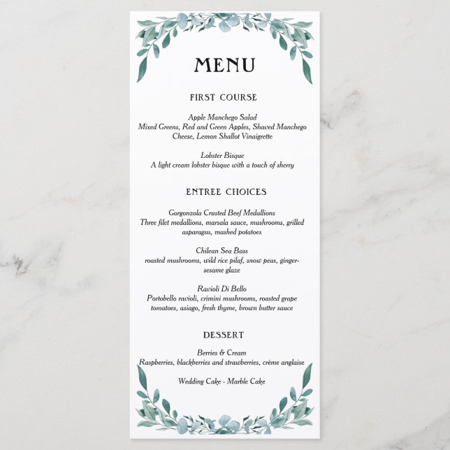 Eucalyptus Greenery Frame Green Blue White Black Menu (Front)