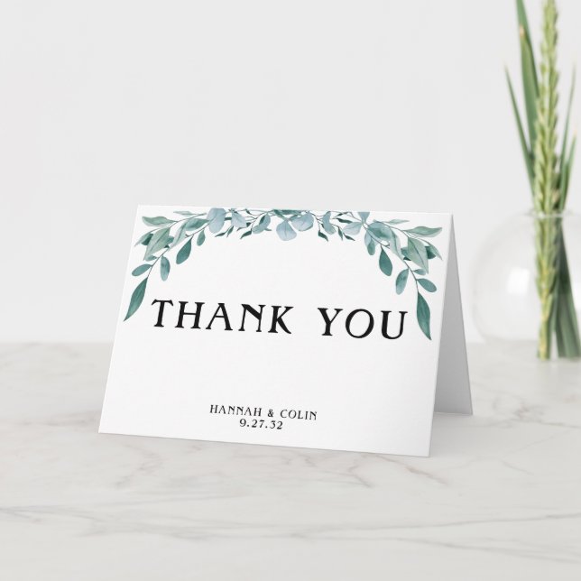 Eucalyptus Greenery Frame Green Blue White Black Thank You Card (Front)