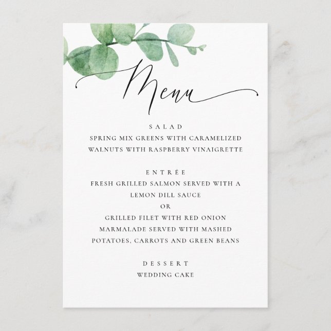 Eucalyptus Greenery Garden Wedding. Elegant Script Menu (Front)