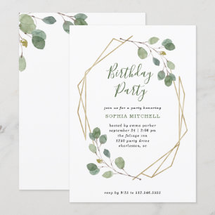 Eucalyptus Greenery   Geometric Birthday Party Invitation
