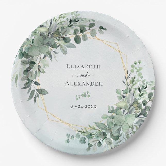 Eucalyptus Greenery Geometric Elegant Wedding Paper Plate (Front)
