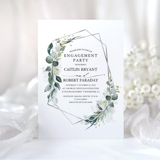 Eucalyptus Greenery Geometric Engagement Party Invitation (Silver Greenery Engagement Party Invitations)
