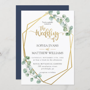 Eucalyptus Greenery Geometric Gold Frame Wedding Invitation