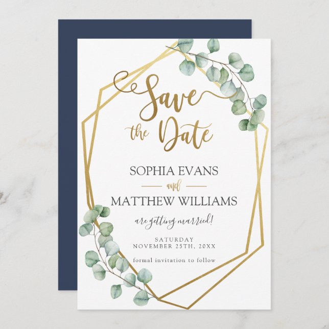 Eucalyptus Greenery Geometric Gold Save the Date Invitation (Front/Back)