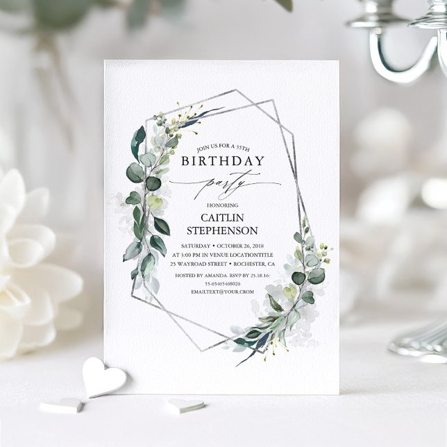 Eucalyptus Greenery Geometric Modern Birthday Invitation (Eucalyptus Leaves Elegant Birthday Invitation)