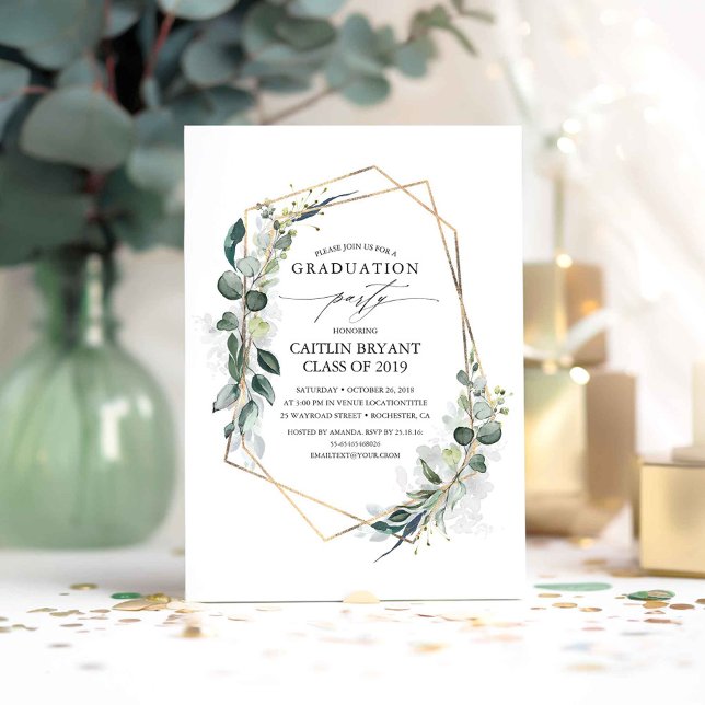 Eucalyptus Greenery Geometric Modern Graduation Invitation (Greenery Graduation Party Invitations)