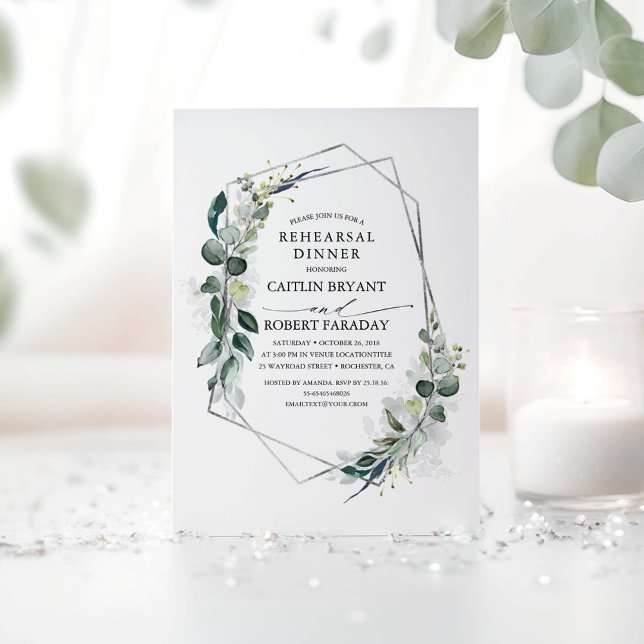 Eucalyptus Greenery Geometric Rehearsal Dinner Invitation (Silver Greenery Rehearsal Dinner Invitations)