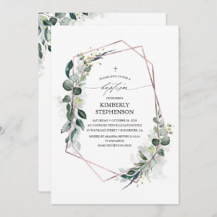 Eucalyptus Greenery Geometric Rose Gold Baptism Invitation
