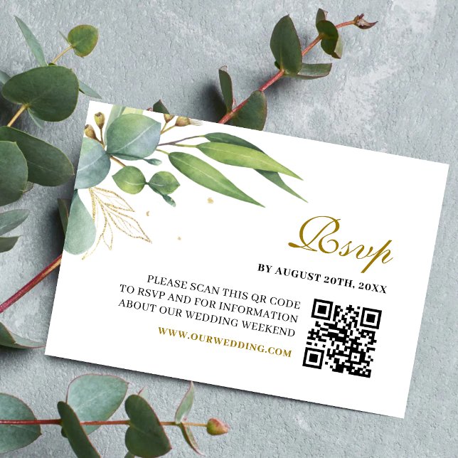 Eucalyptus Greenery Geometric Wedding QR Code RSVP Card (Eucalyptus greenery QR Code RSVP card simplifies guest replies with modern botanical style.)