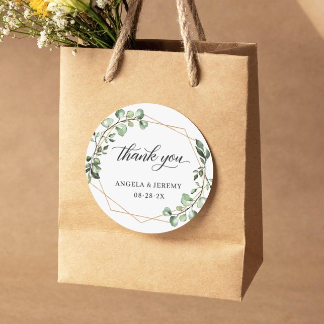 Eucalyptus Greenery Geometric Wedding Thank You Classic Round Sticker (Creator Uploaded)