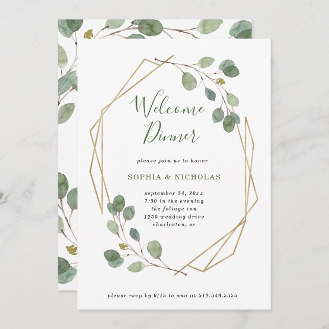Eucalyptus Greenery | Geometric Welcome Dinner Invitation (Front/Back)