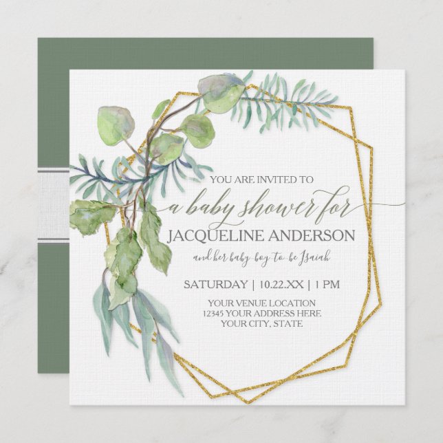 Eucalyptus Greenery Geometric Wreath Baby Shower Invitation (Front/Back)
